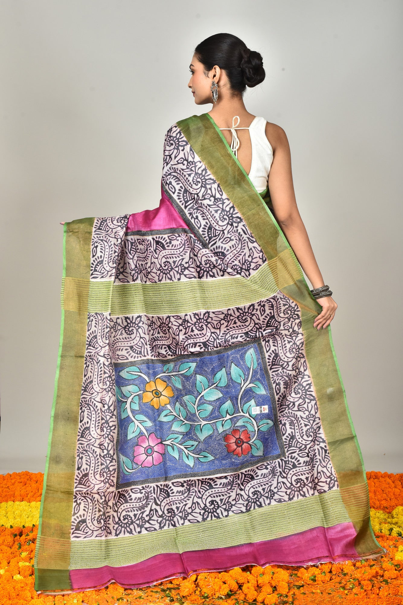 TUSSAR BLOCK HANDPRINT KANTHA SAREE Thumbnail