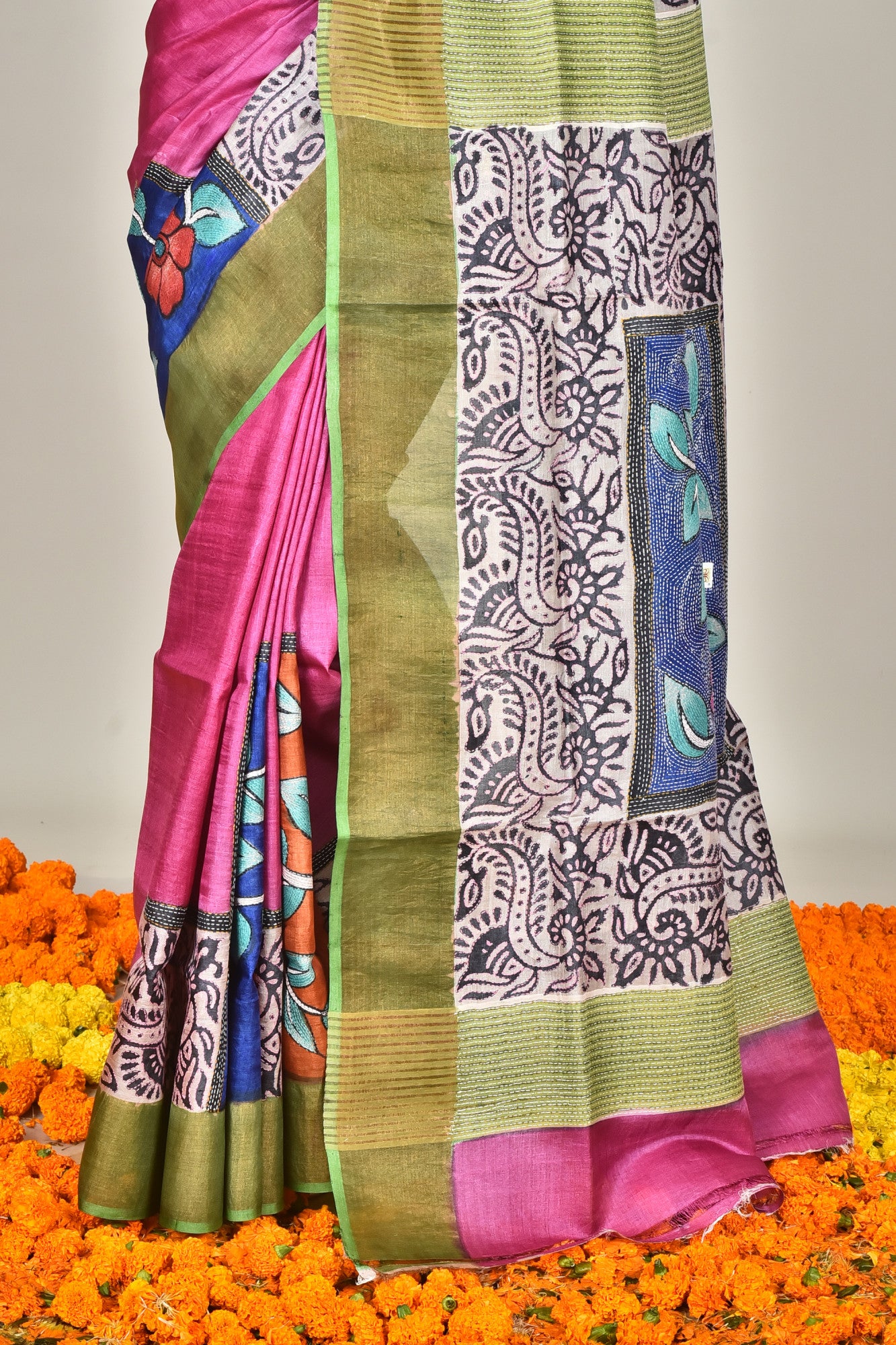 TUSSAR BLOCK HANDPRINT KANTHA SAREE Thumbnail
