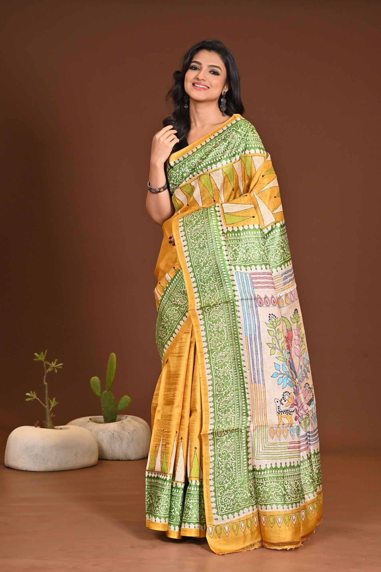 TUSSAR DYE BLOCK KANTHA SAREE Thumbnail
