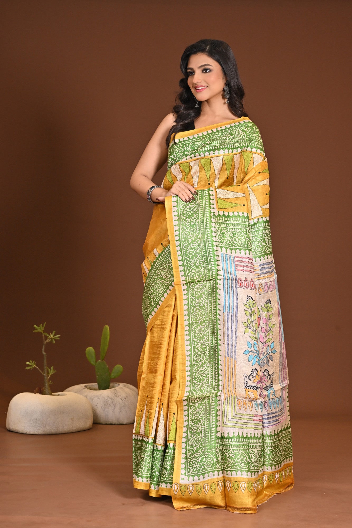 TUSSAR DYE BLOCK KANTHA SAREE Thumbnail