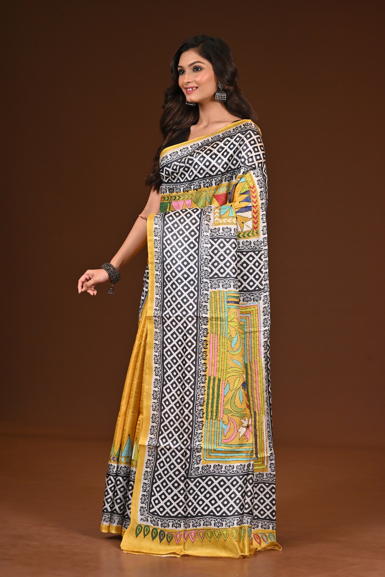 TUSSAR DYE  BLOCK KANTHA SAREE Thumbnail