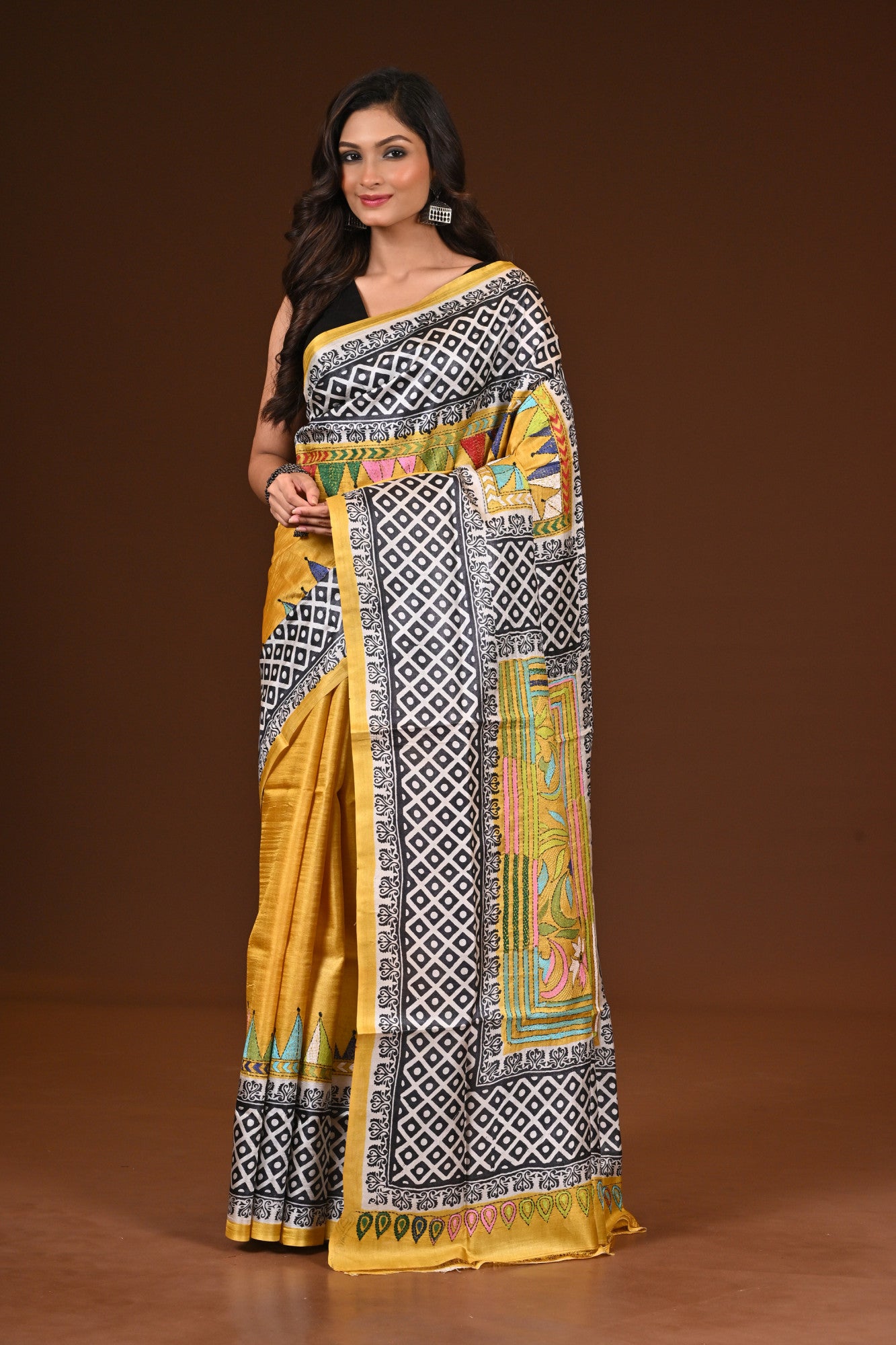 TUSSAR DYE  BLOCK KANTHA SAREE Thumbnail