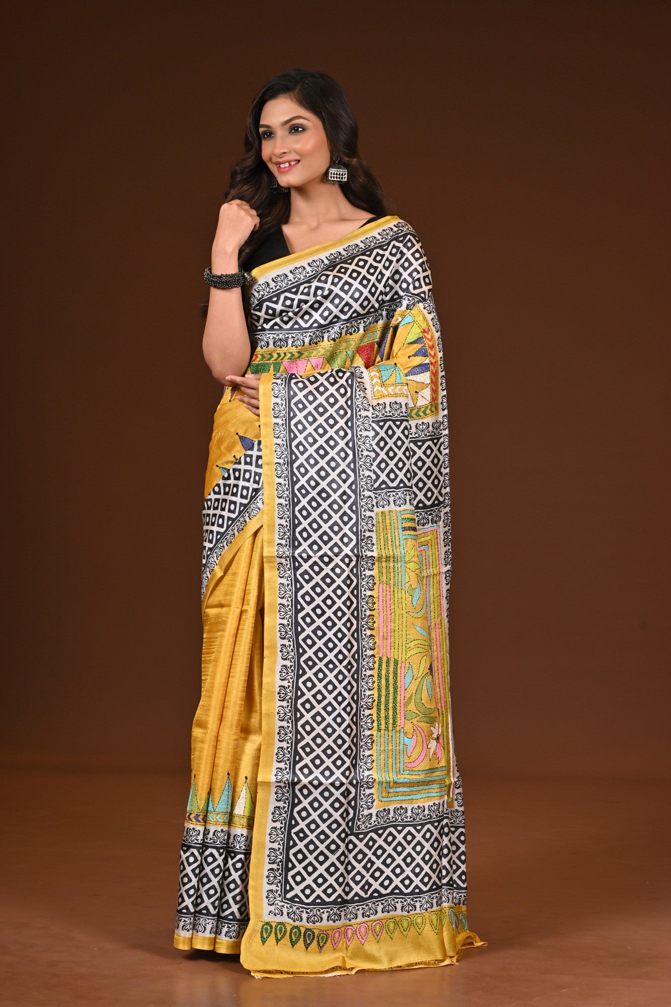 TUSSAR DYE  BLOCK KANTHA SAREE Thumbnail