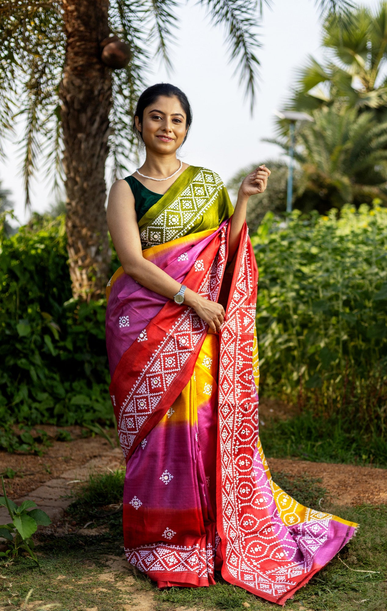 Tussar Dye Gujrati Stitch Kantha Saree
