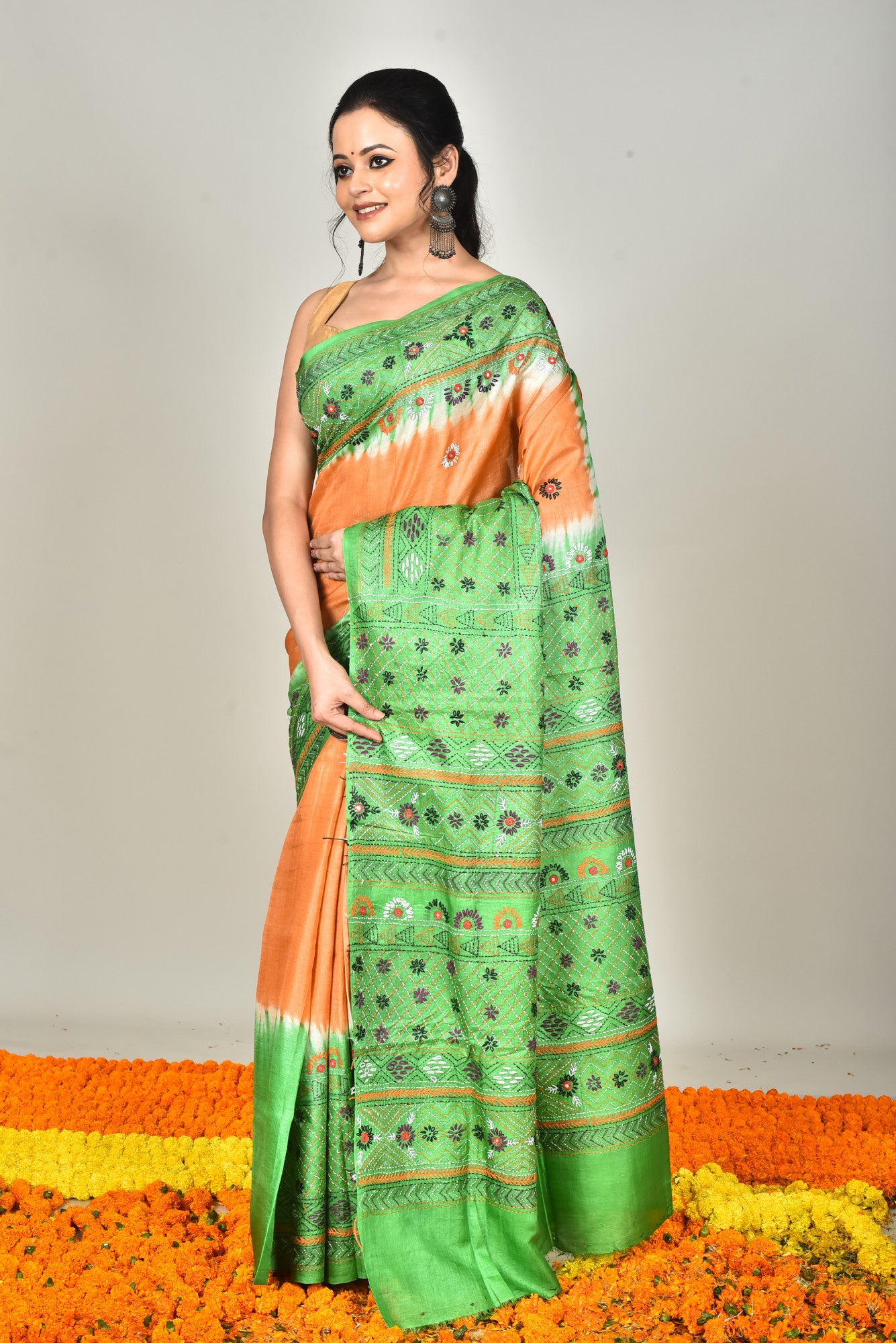 Tussar Dye Lambani Kantha Stitch Saree
