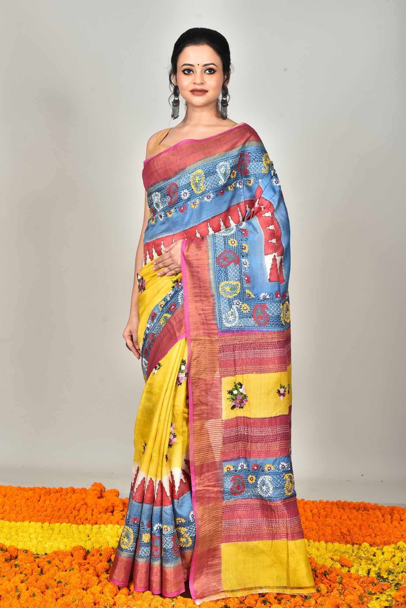 Tussar Dye Lambani Silk Kantha Saree Multicolor
