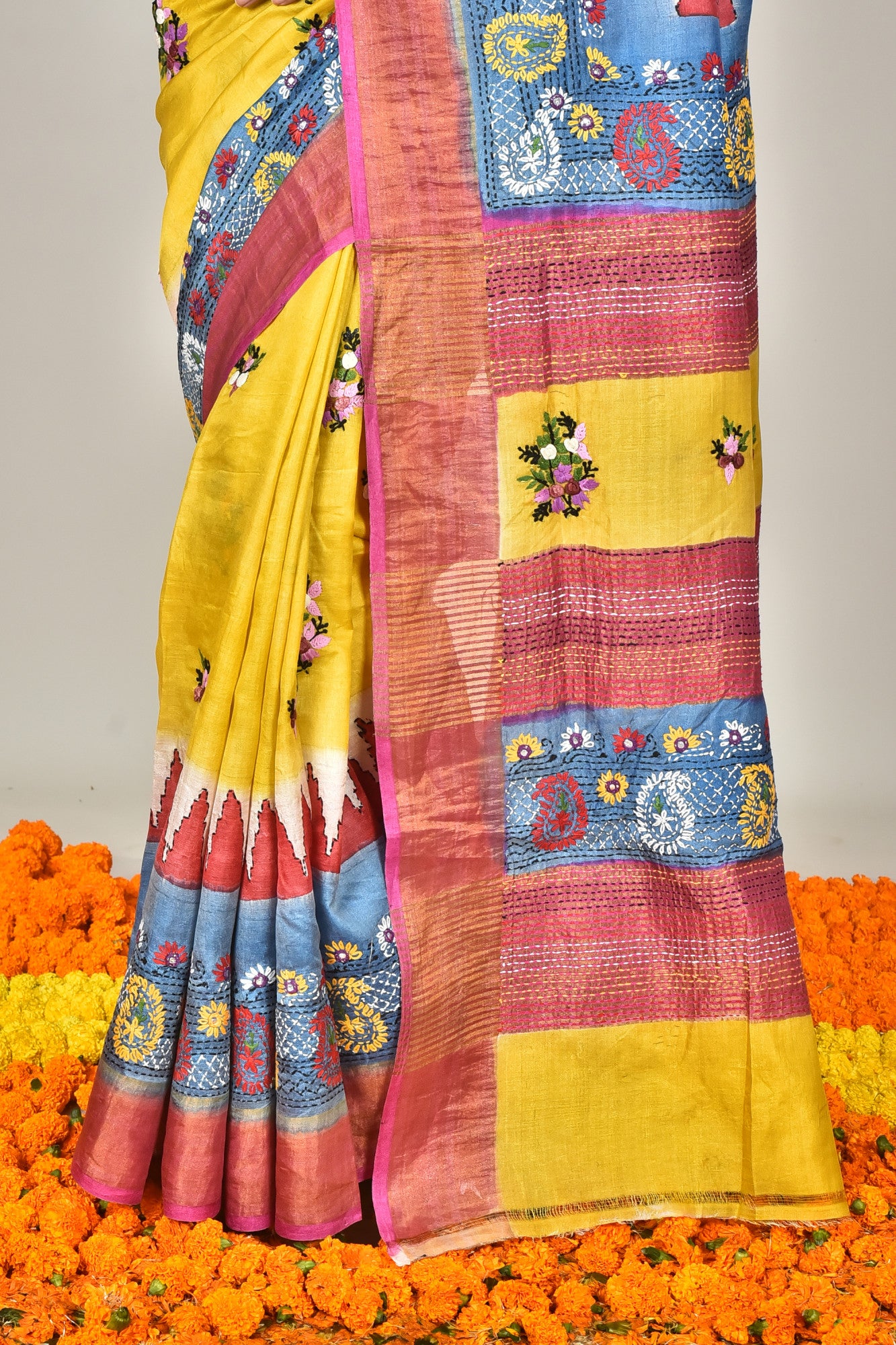 Tussar Dye Lambani Silk Kantha Saree Multicolor Thumbnail