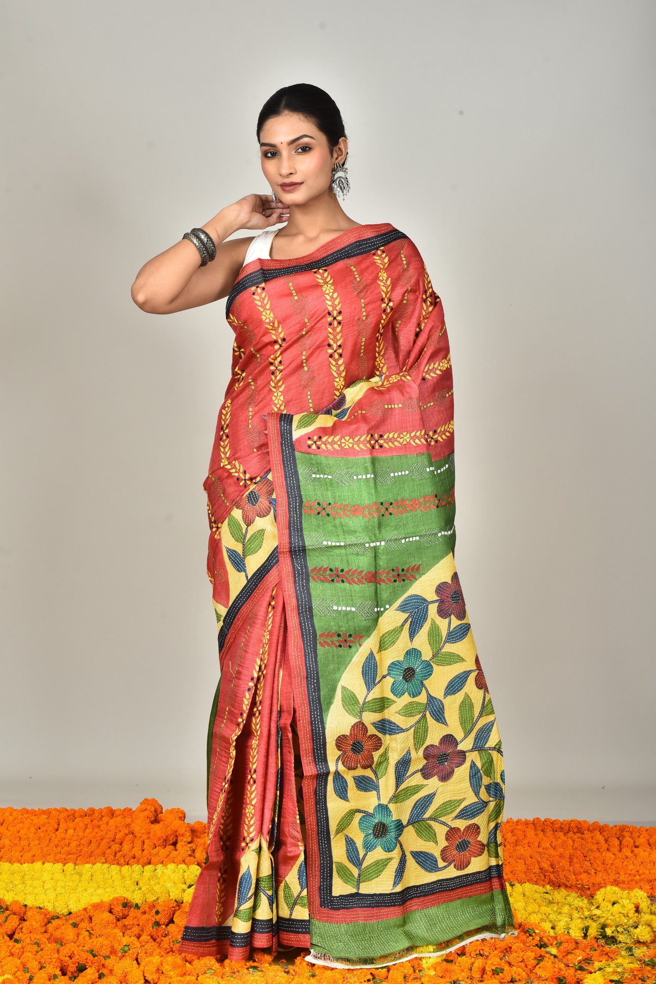 Tussar Hand Print Kantha Saree Multicolor