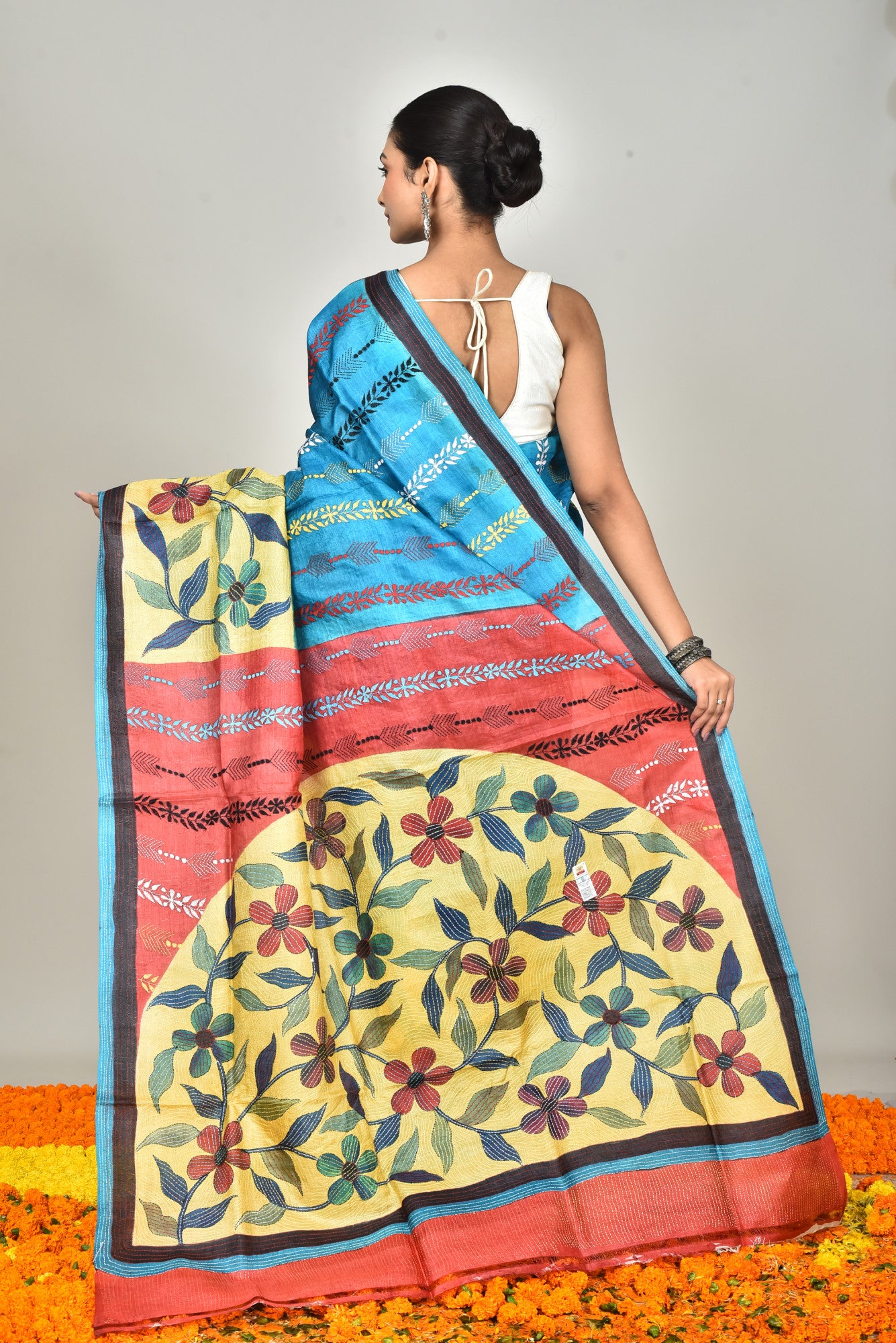 Tussar Hand Print Kantha Saree Multicolor Thumbnail