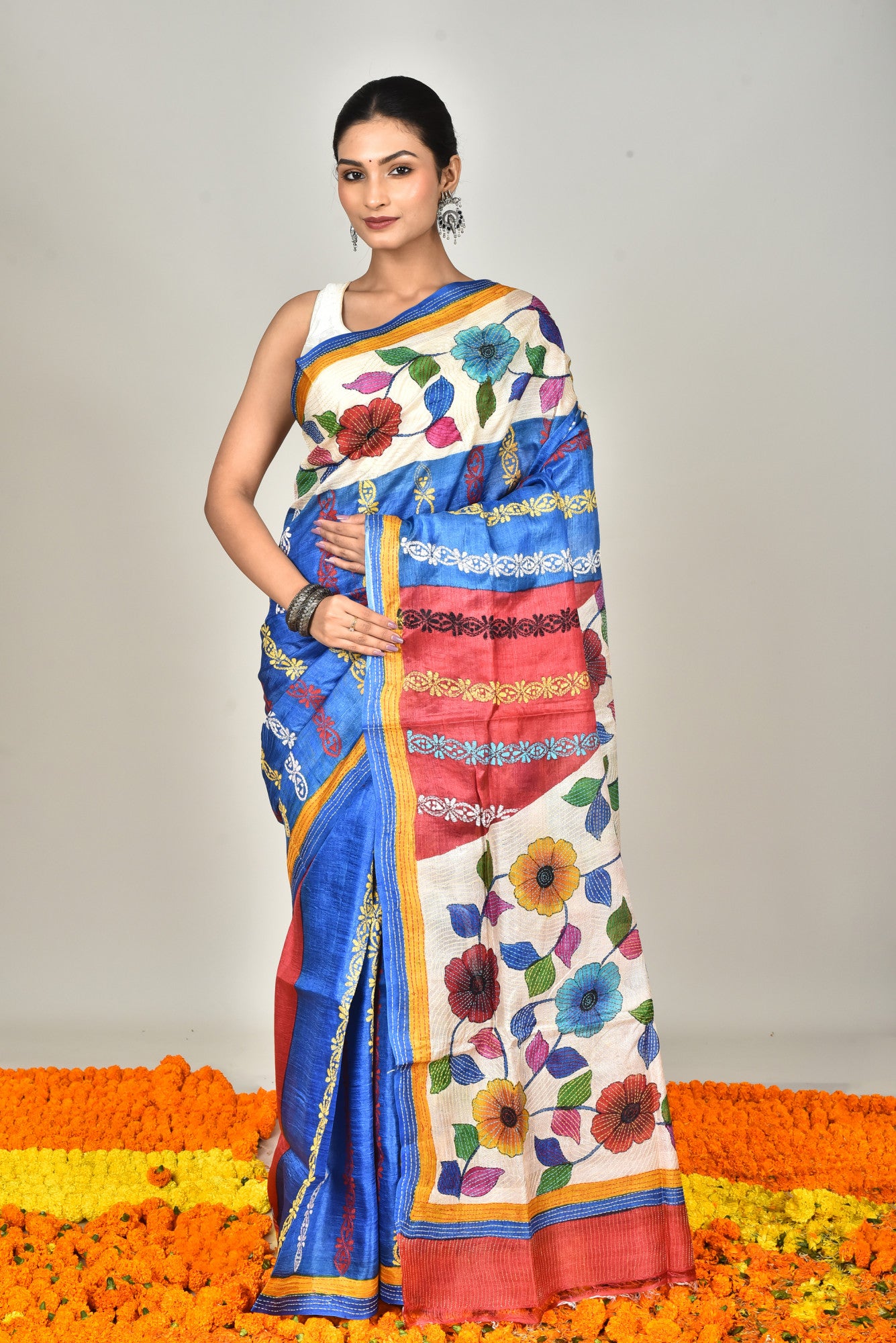 Tussar Hand Print Kantha Saree Multicolor