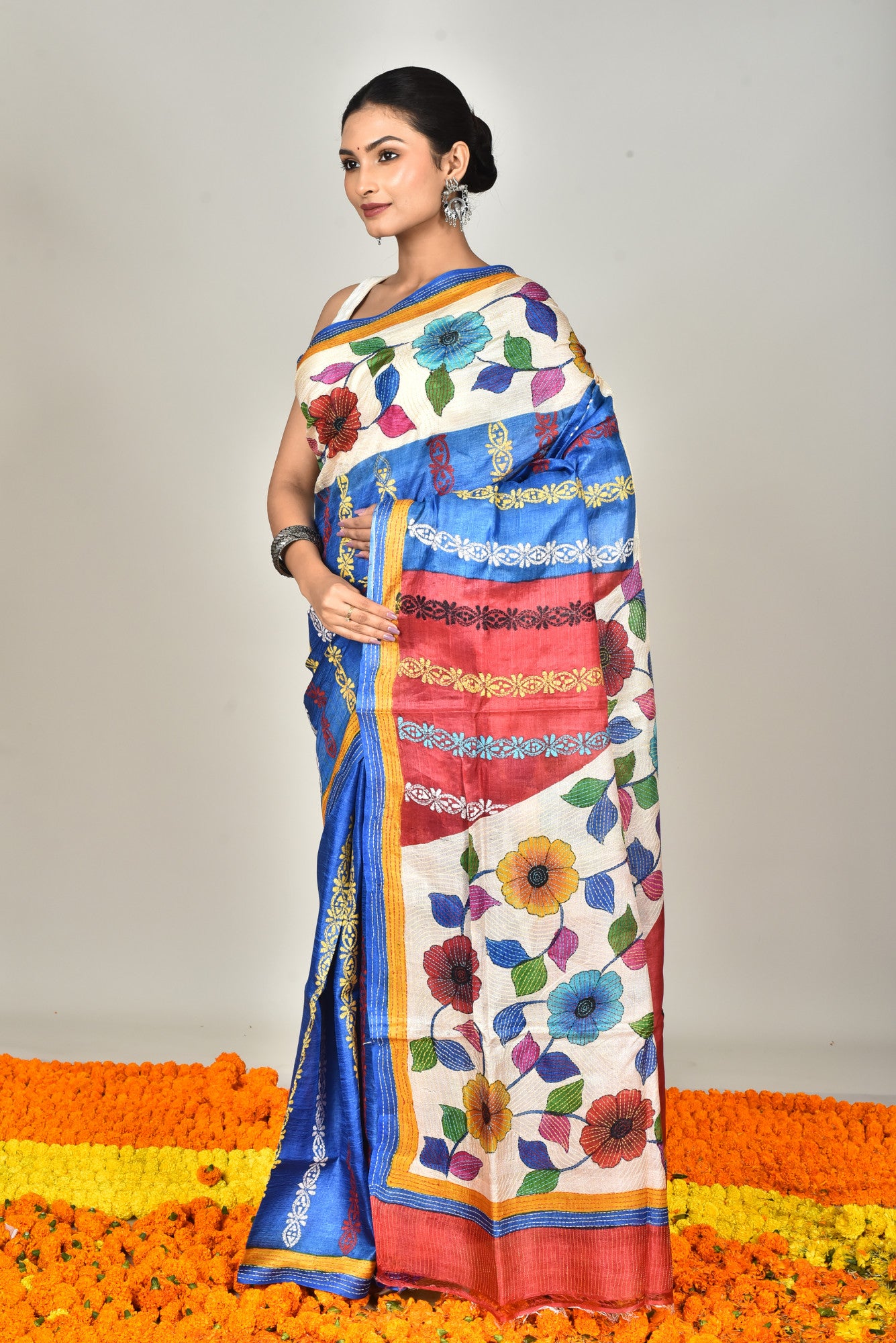 Tussar Hand Print Kantha Saree Multicolor Thumbnail