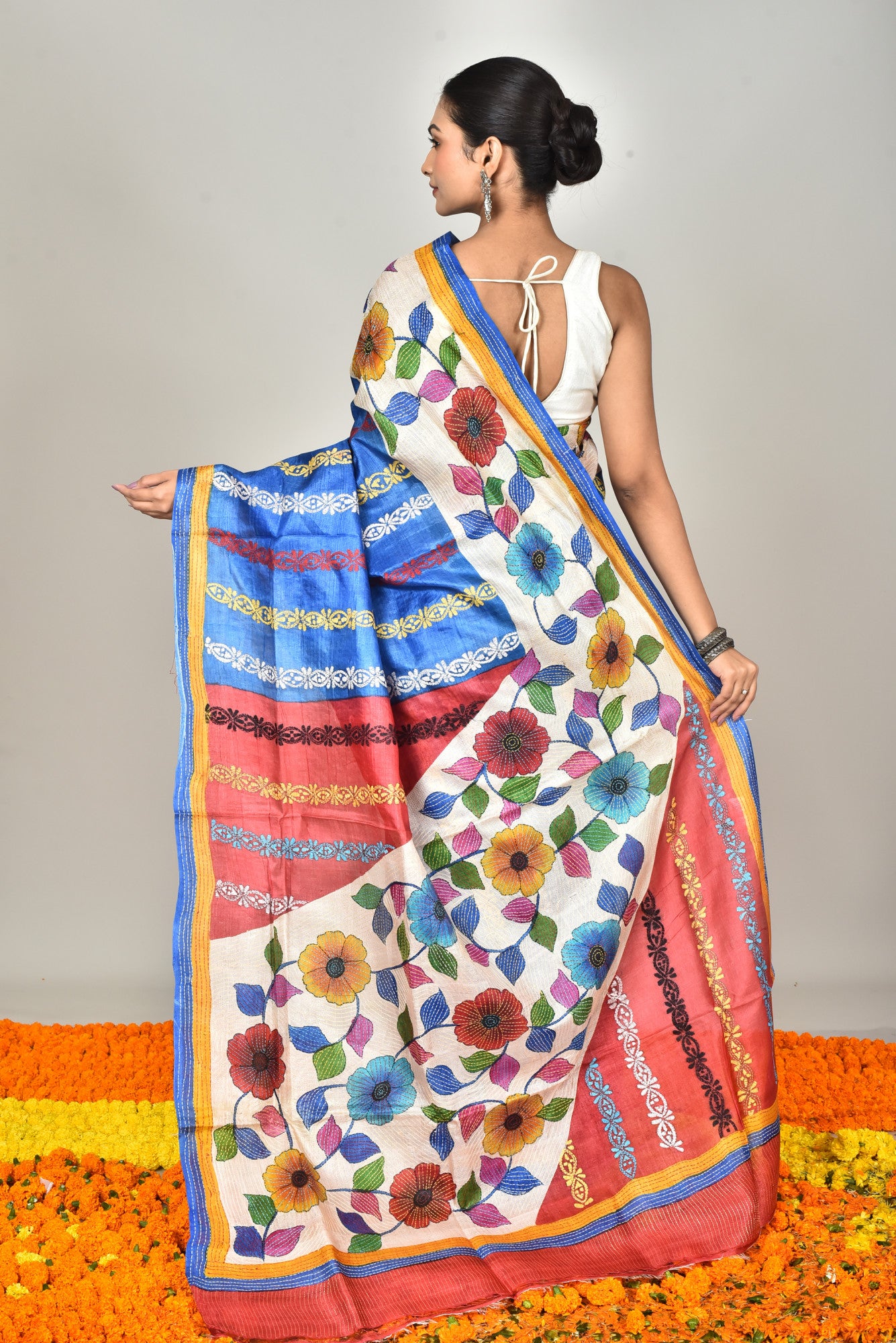 Tussar Hand Print Kantha Saree Multicolor Thumbnail