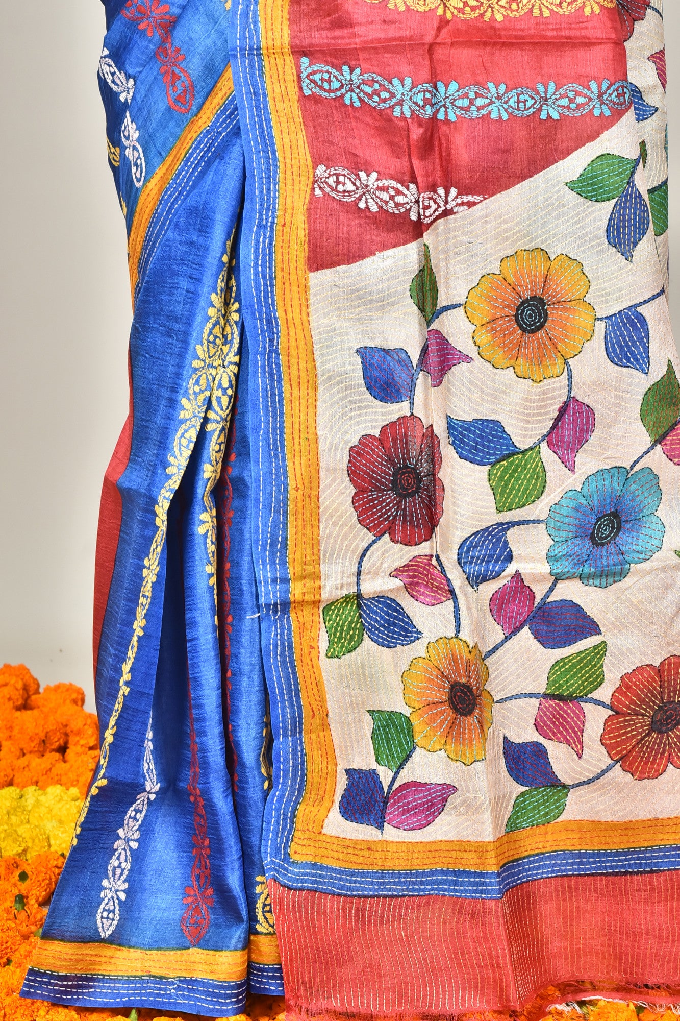 Tussar Hand Print Kantha Saree Multicolor Thumbnail