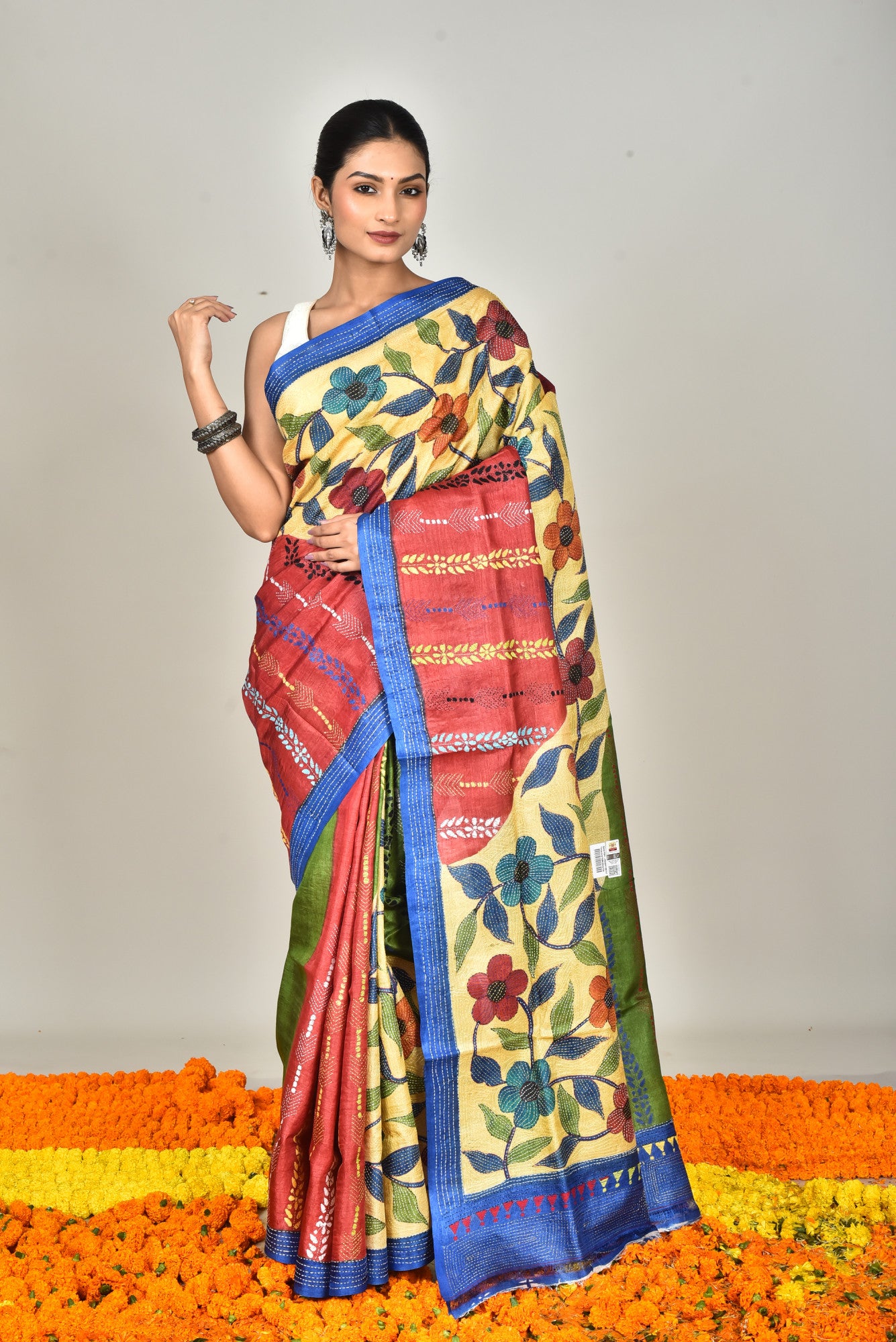 Tussar Hand Print Kantha Saree Multicolor