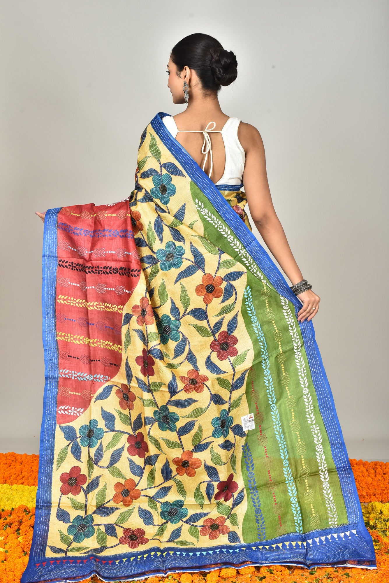 Tussar Hand Print Kantha Saree Multicolor Thumbnail