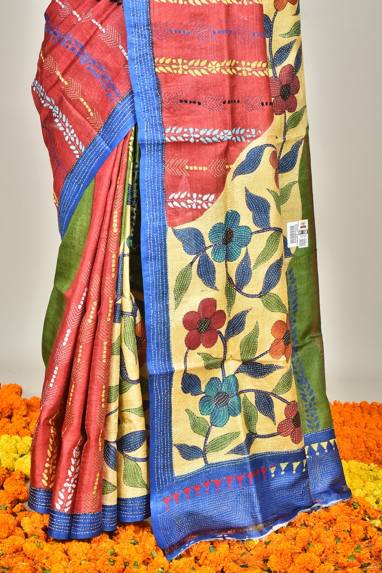 Tussar Hand Print Kantha Saree Multicolor Thumbnail