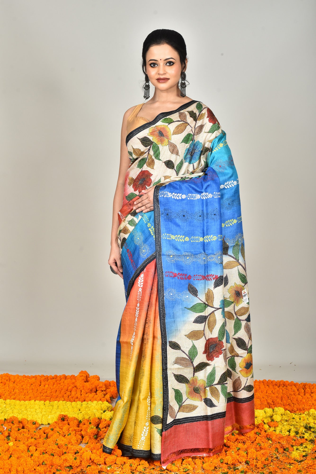 Tussar Hand Print Kantha Stitch Saree Multicolor