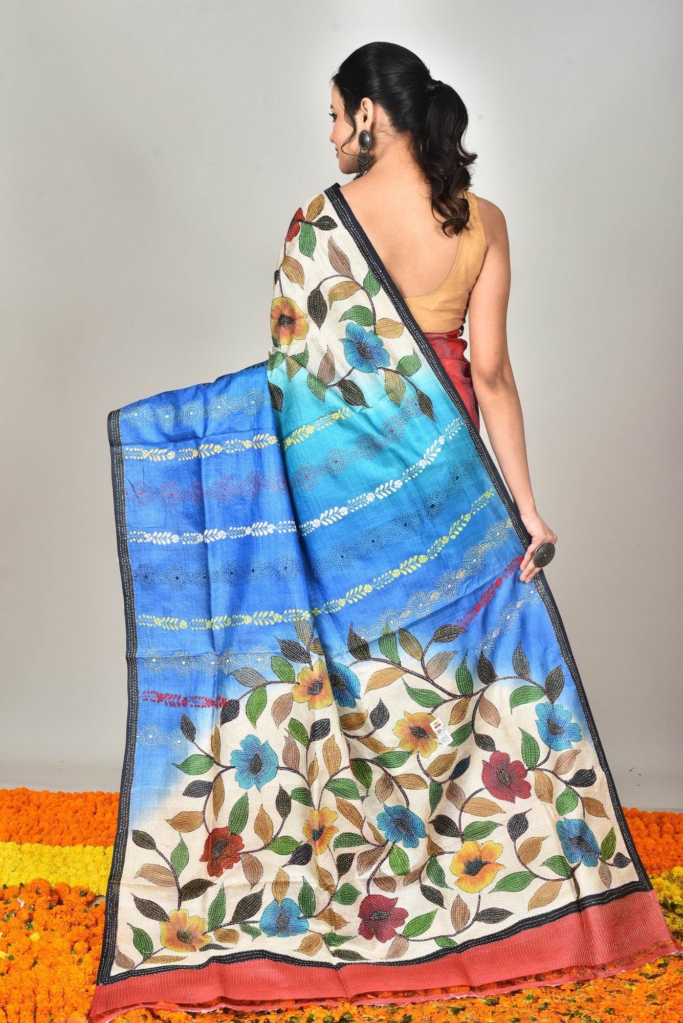 Tussar Hand Print Kantha Stitch Saree Multicolor Thumbnail