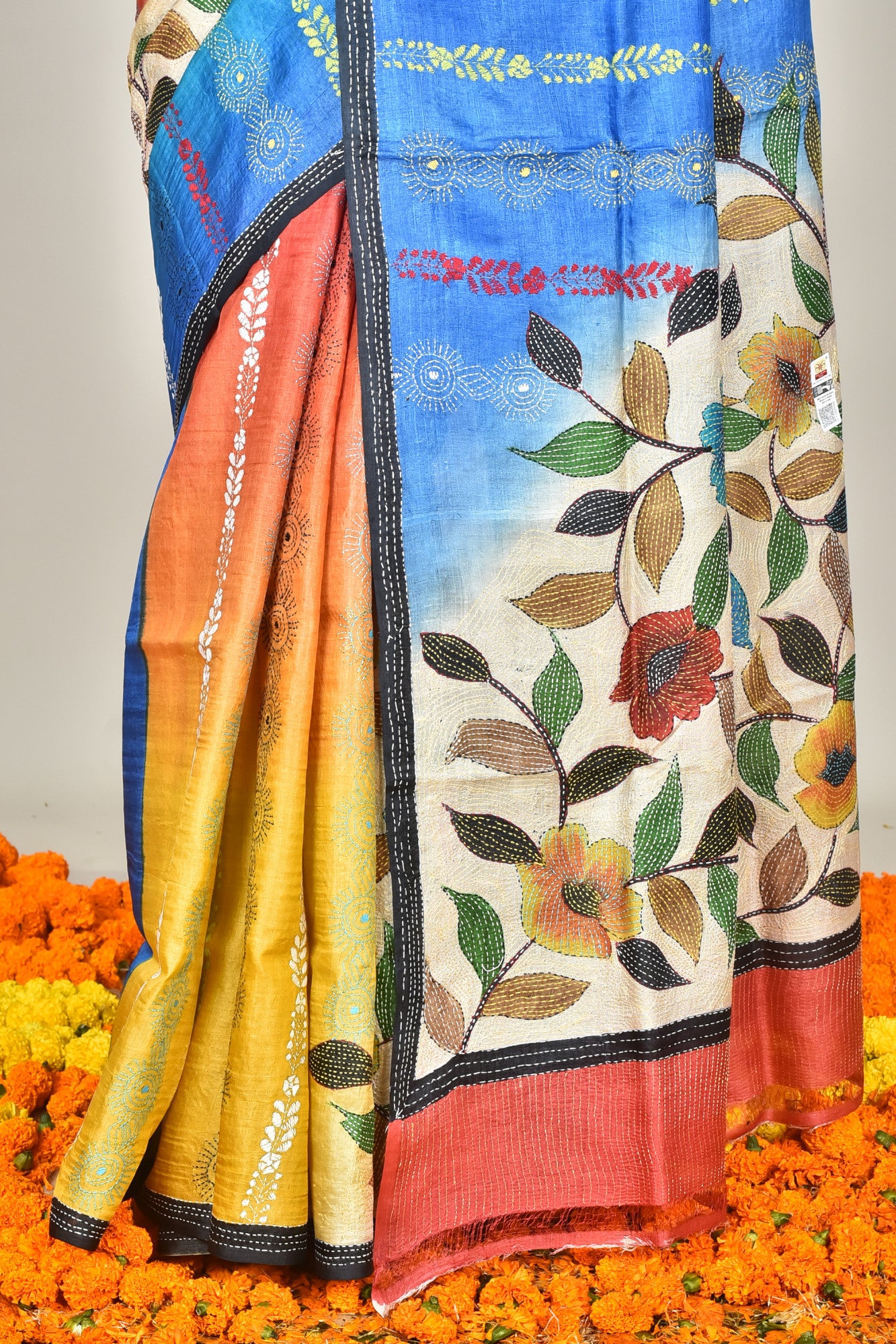 Tussar Hand Print Kantha Stitch Saree Multicolor Thumbnail