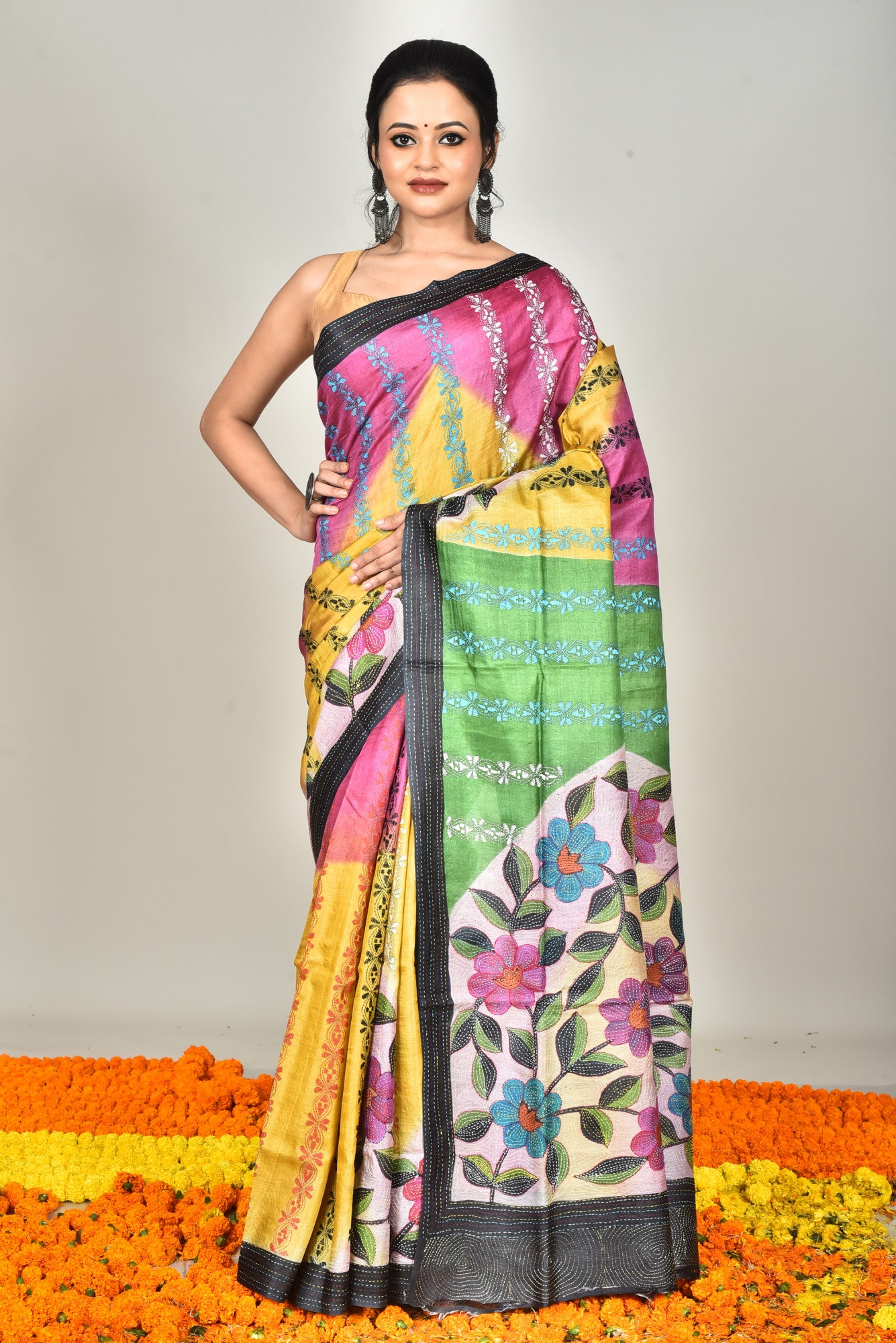 Tussar Hand Print Kantha Stitch Saree Multicolor