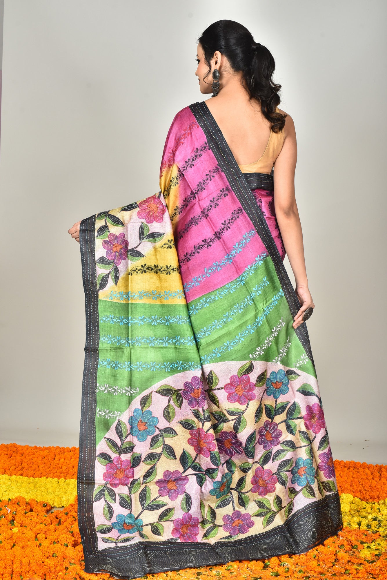 Tussar Hand Print Kantha Stitch Saree Multicolor Thumbnail