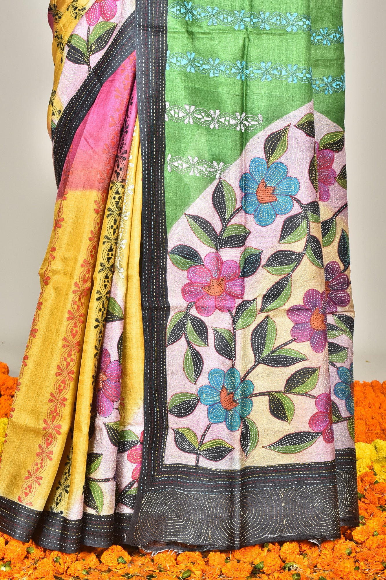 Tussar Hand Print Kantha Stitch Saree Multicolor Thumbnail