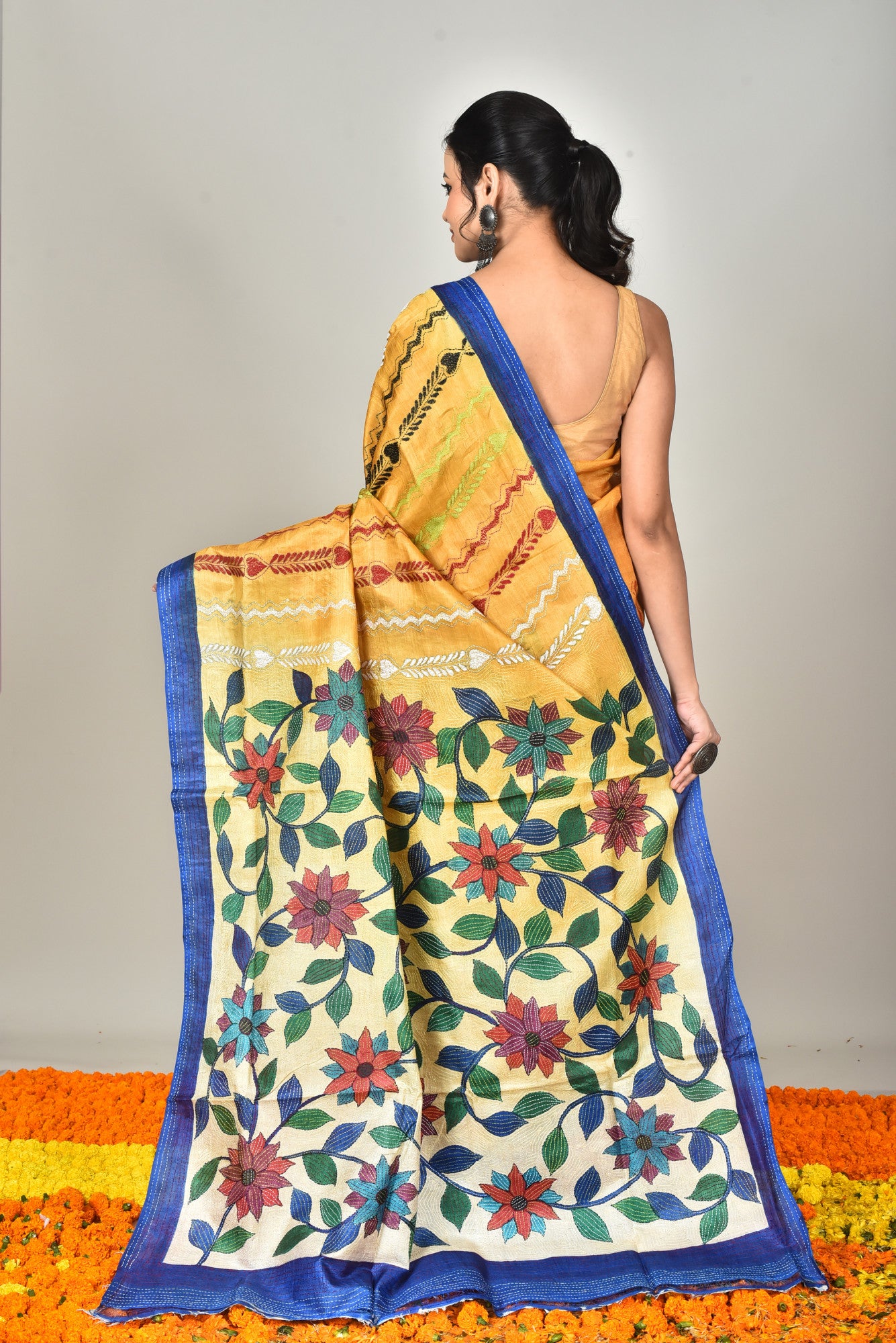 Tussar Hand Print Kantha Stitch Saree Multicolor Thumbnail