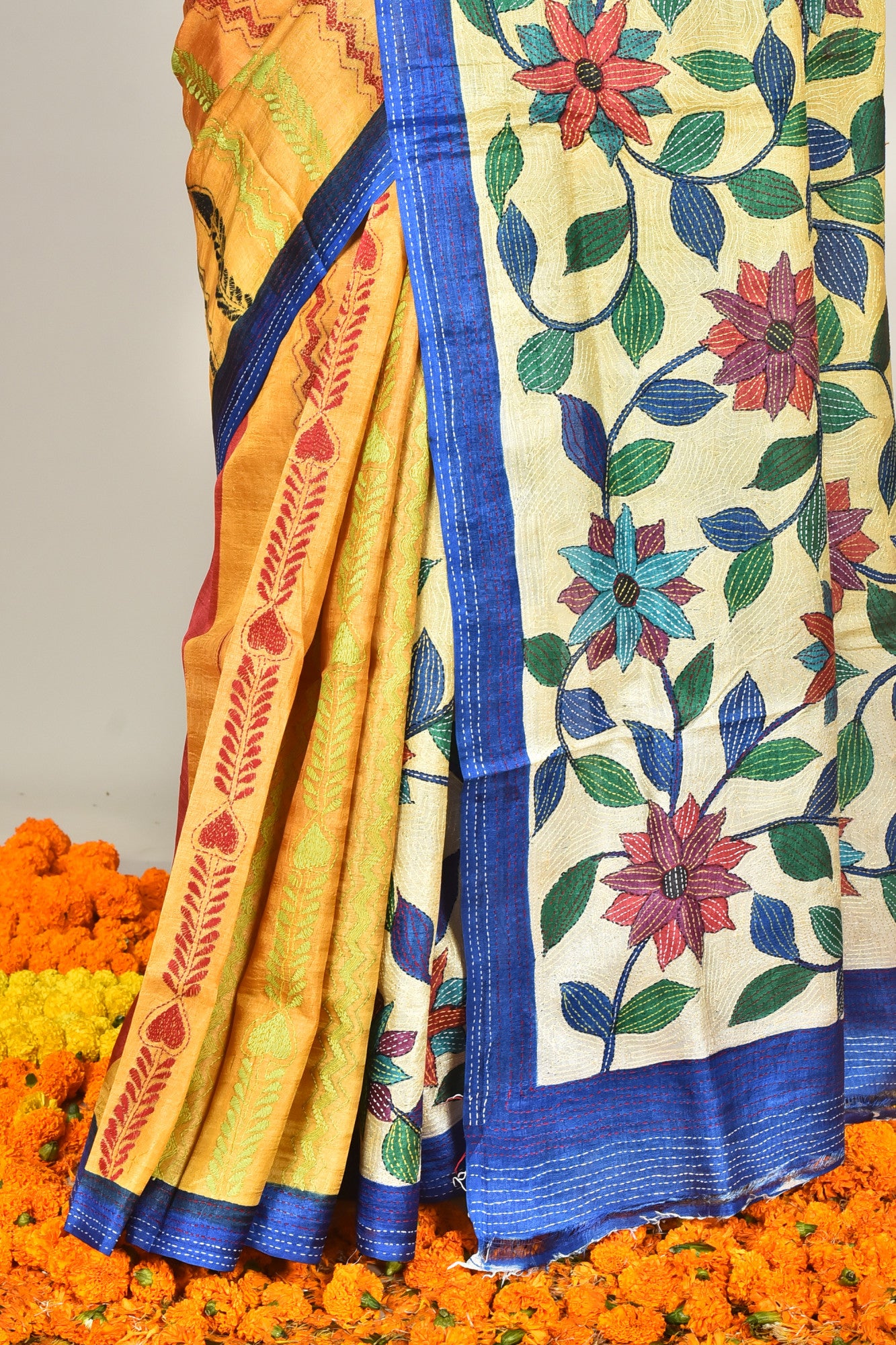Tussar Hand Print Kantha Stitch Saree Multicolor Thumbnail