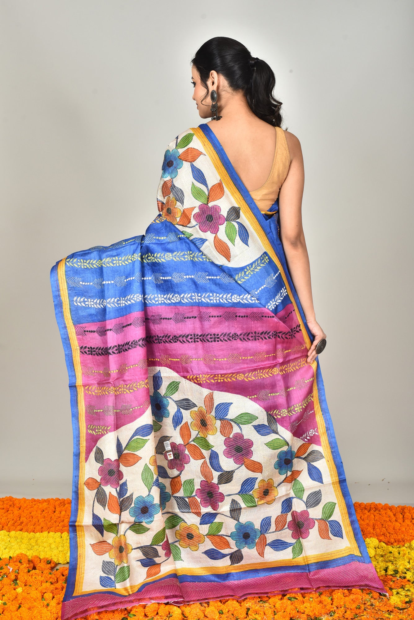 Tussar Hand Print Kantha Stitch Saree Multicolor Thumbnail