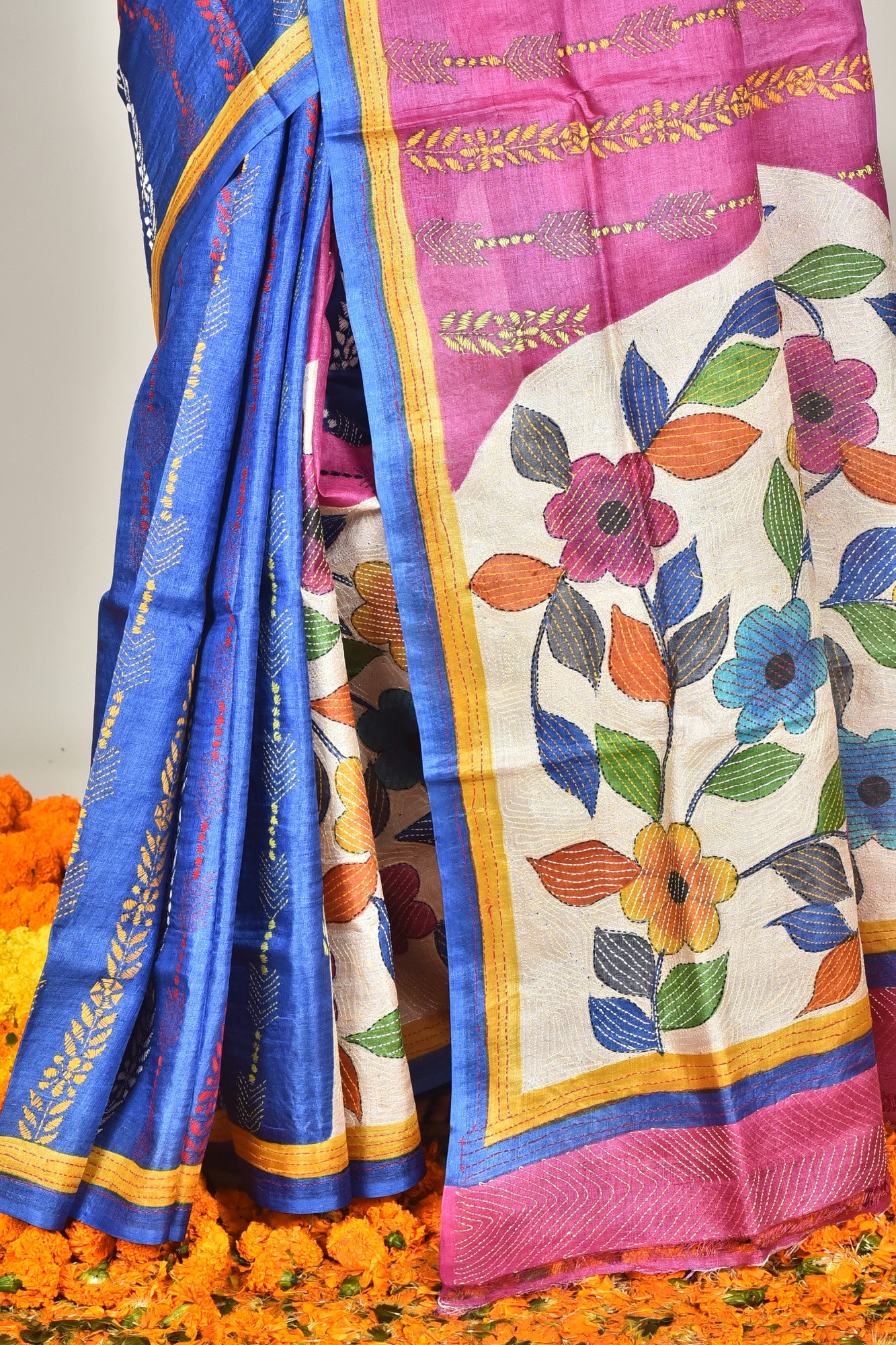 Tussar Hand Print Kantha Stitch Saree Multicolor Thumbnail