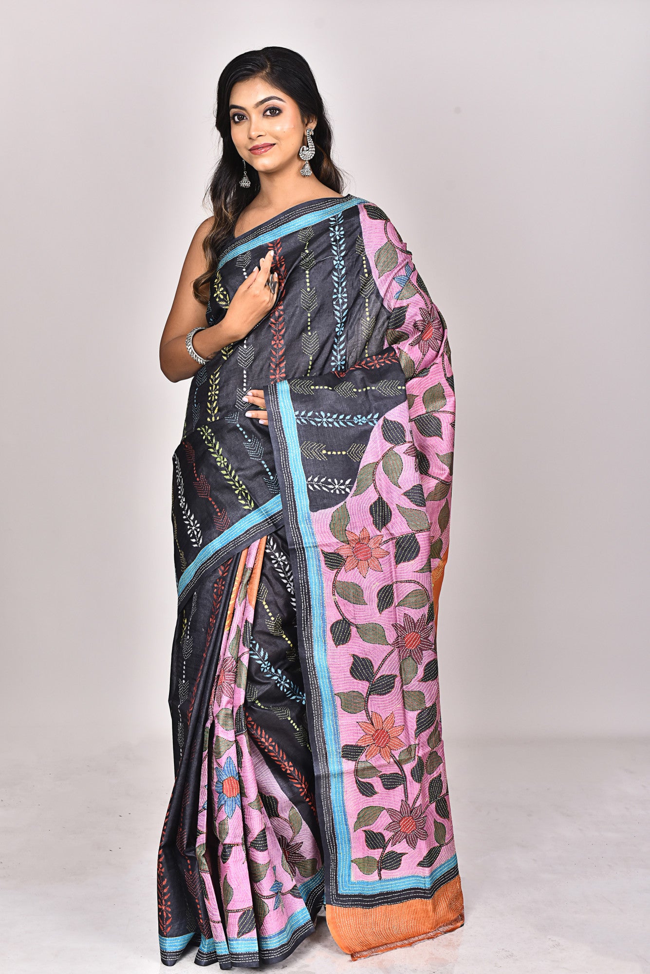 TUSSAR HANDPRINT KANTHA SAREE