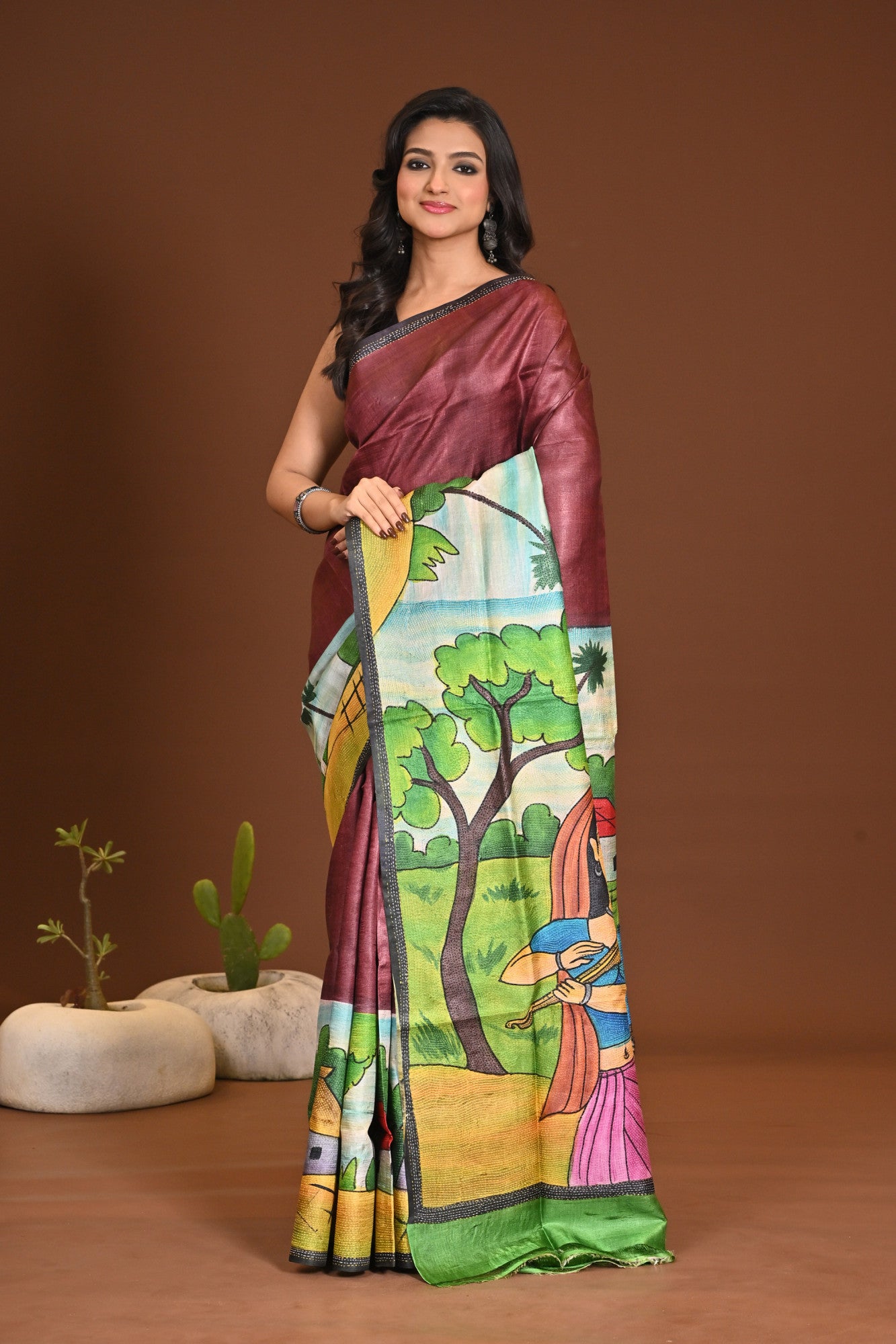 TUSSAR HANDPRINT KANTHA SAREE