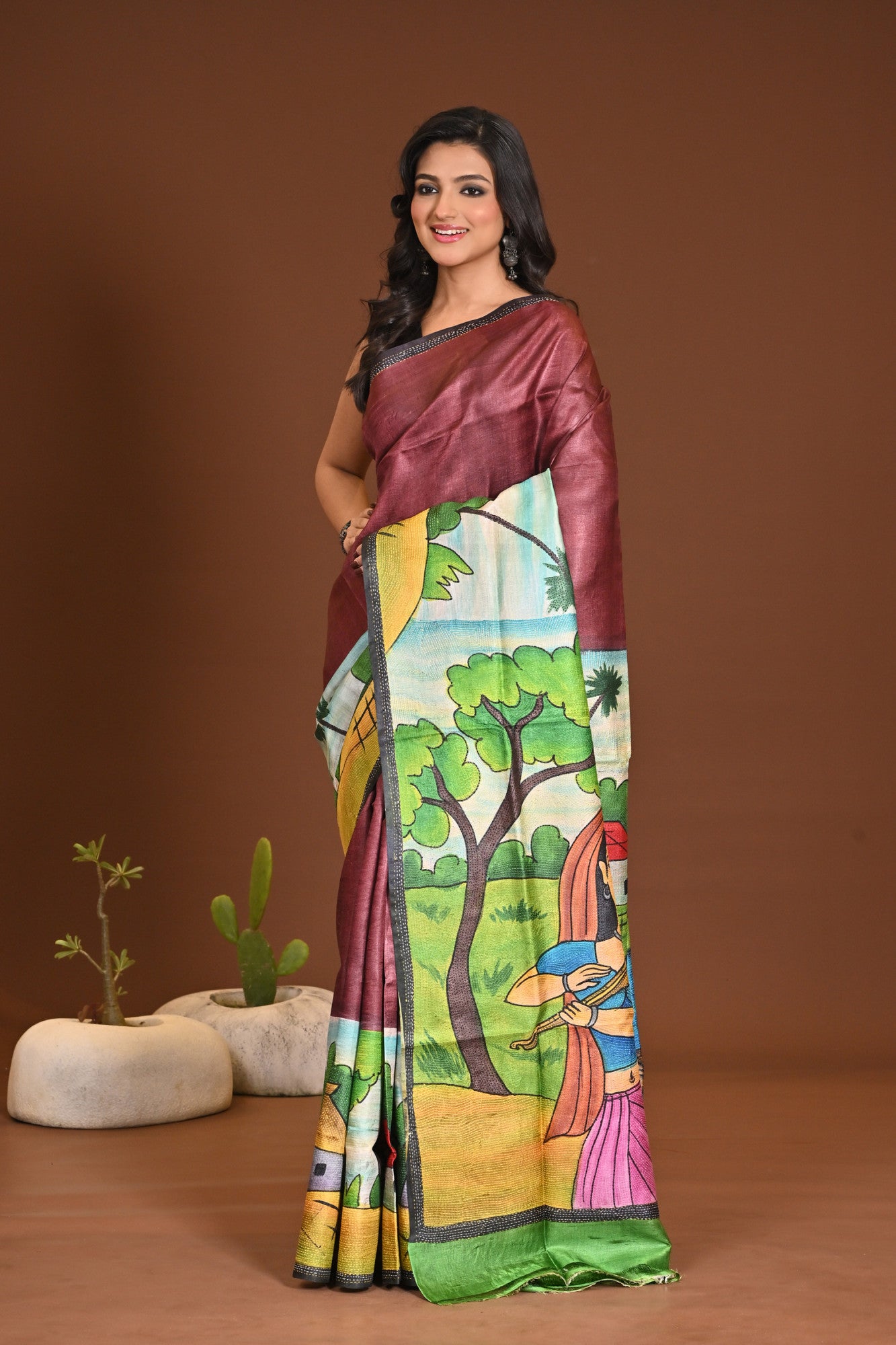 TUSSAR HANDPRINT KANTHA SAREE Thumbnail