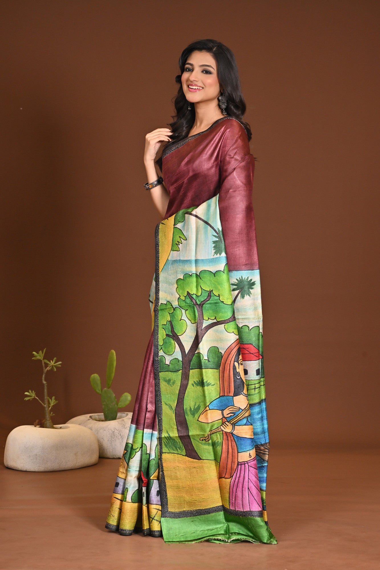 TUSSAR HANDPRINT KANTHA SAREE Thumbnail