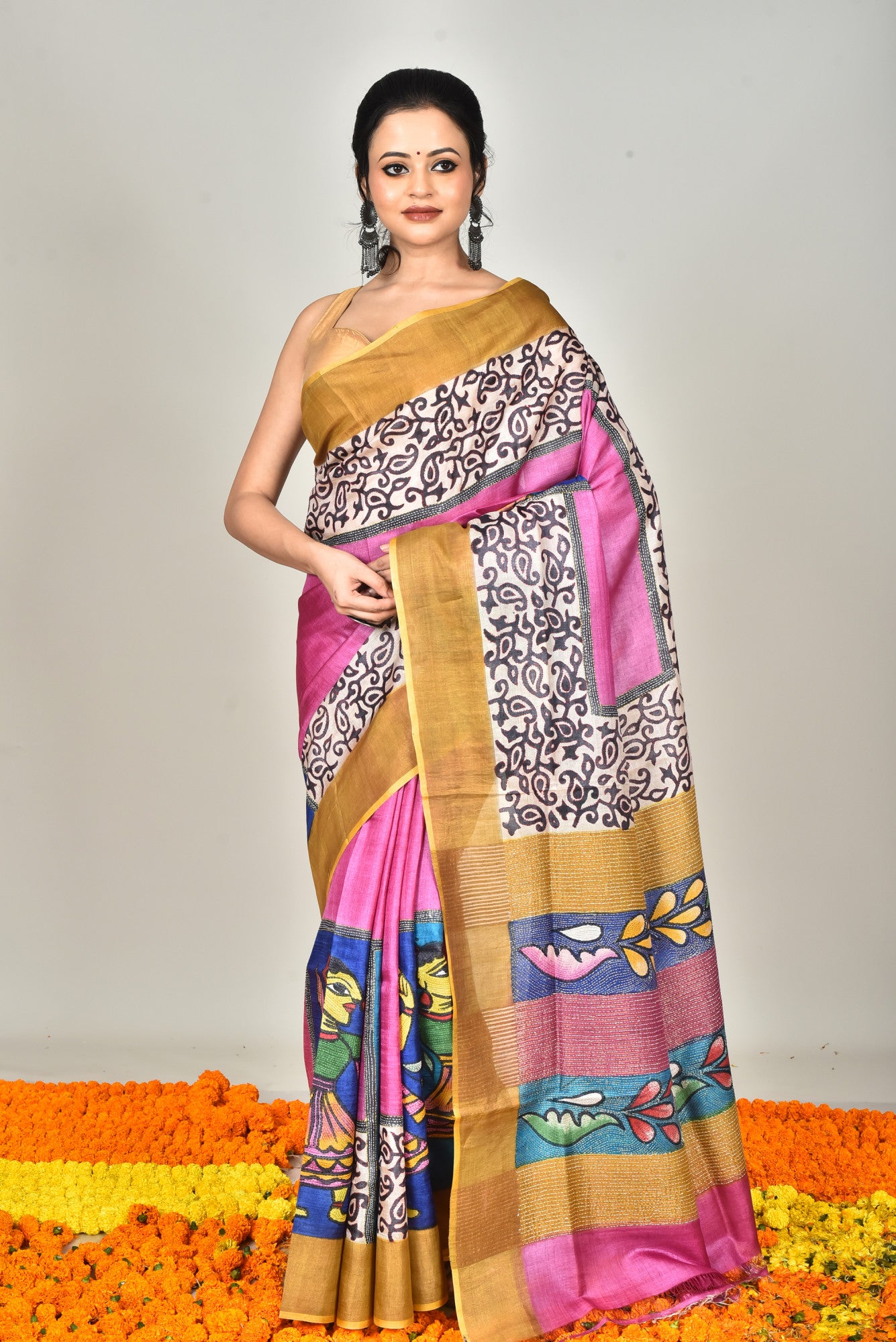 Tussar Silk Hand Batik Kantha Stitch Saree Multicolor