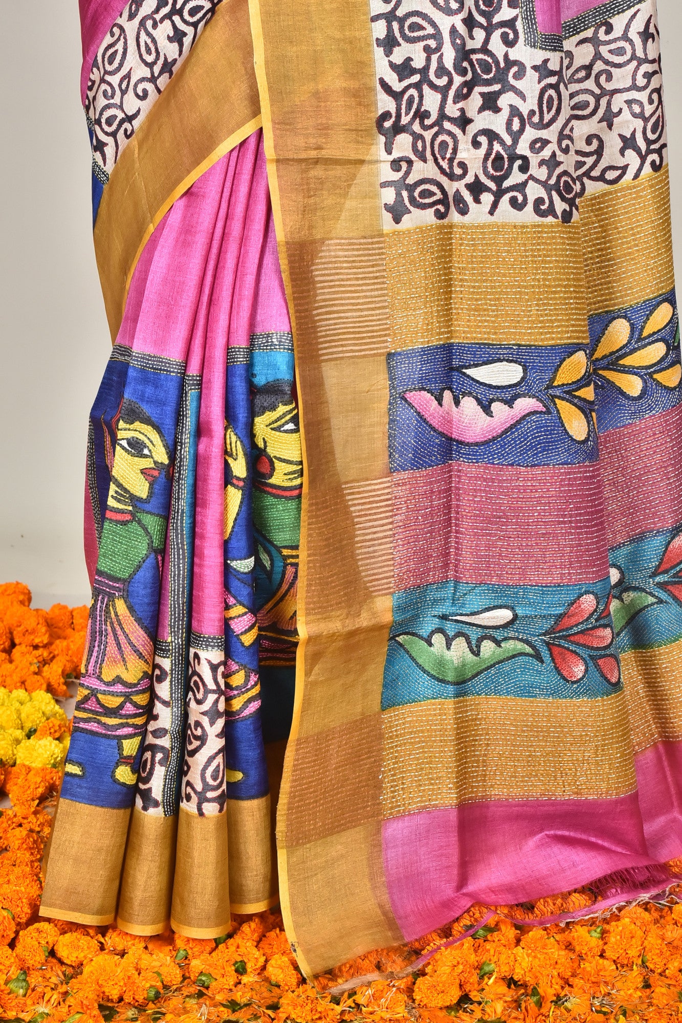 Tussar Silk Hand Batik Kantha Stitch Saree Multicolor Thumbnail