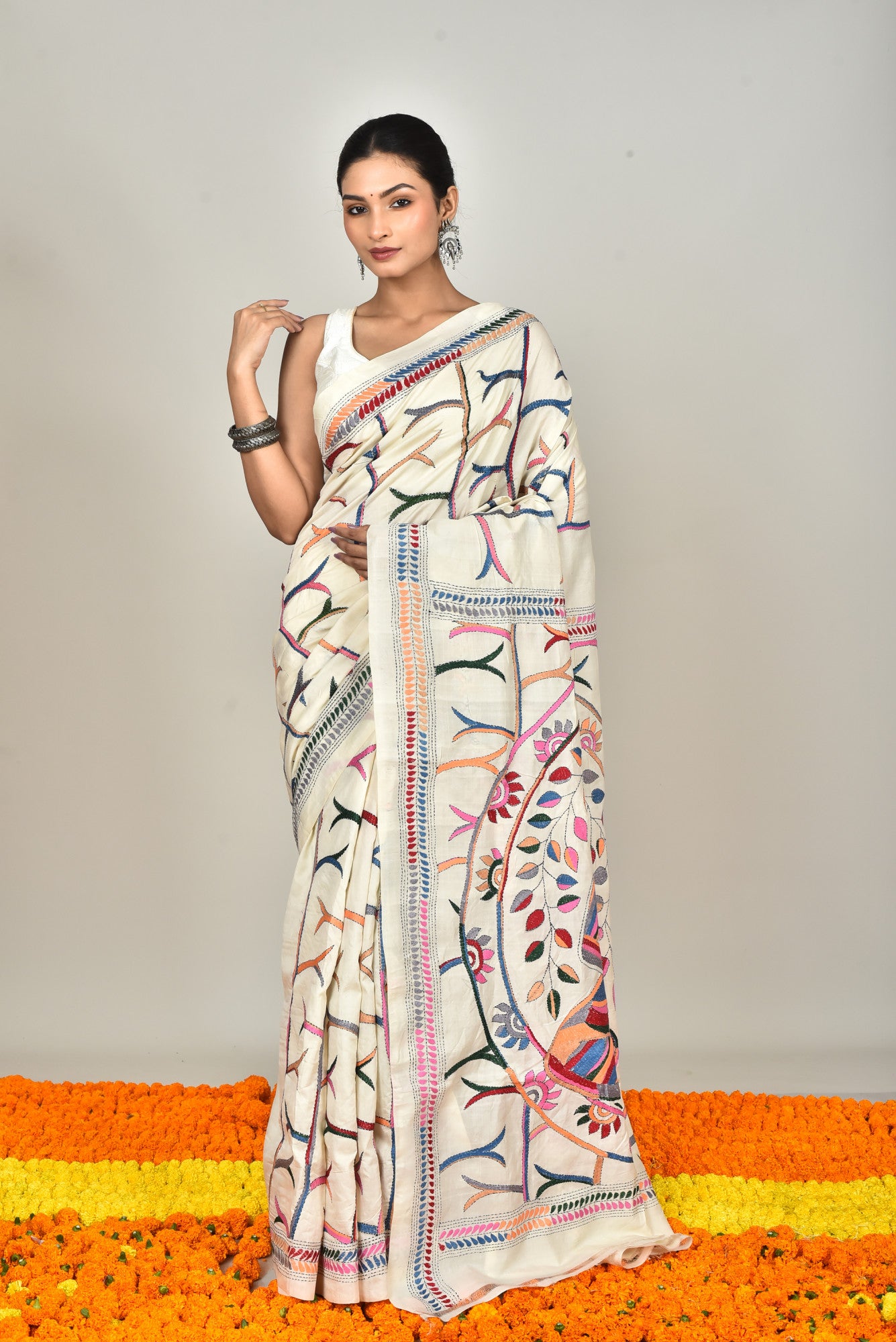 TUSSAR HANDPRINT NAKSH KANTHA SAREE