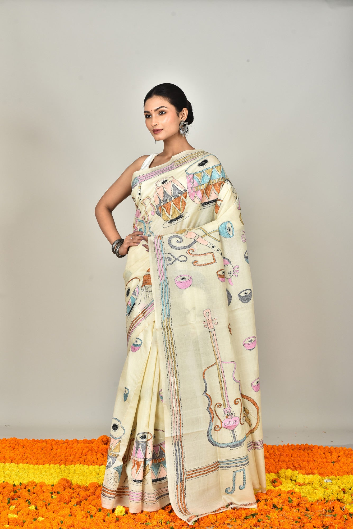 Tussar Silk Kantha Stitch Saree