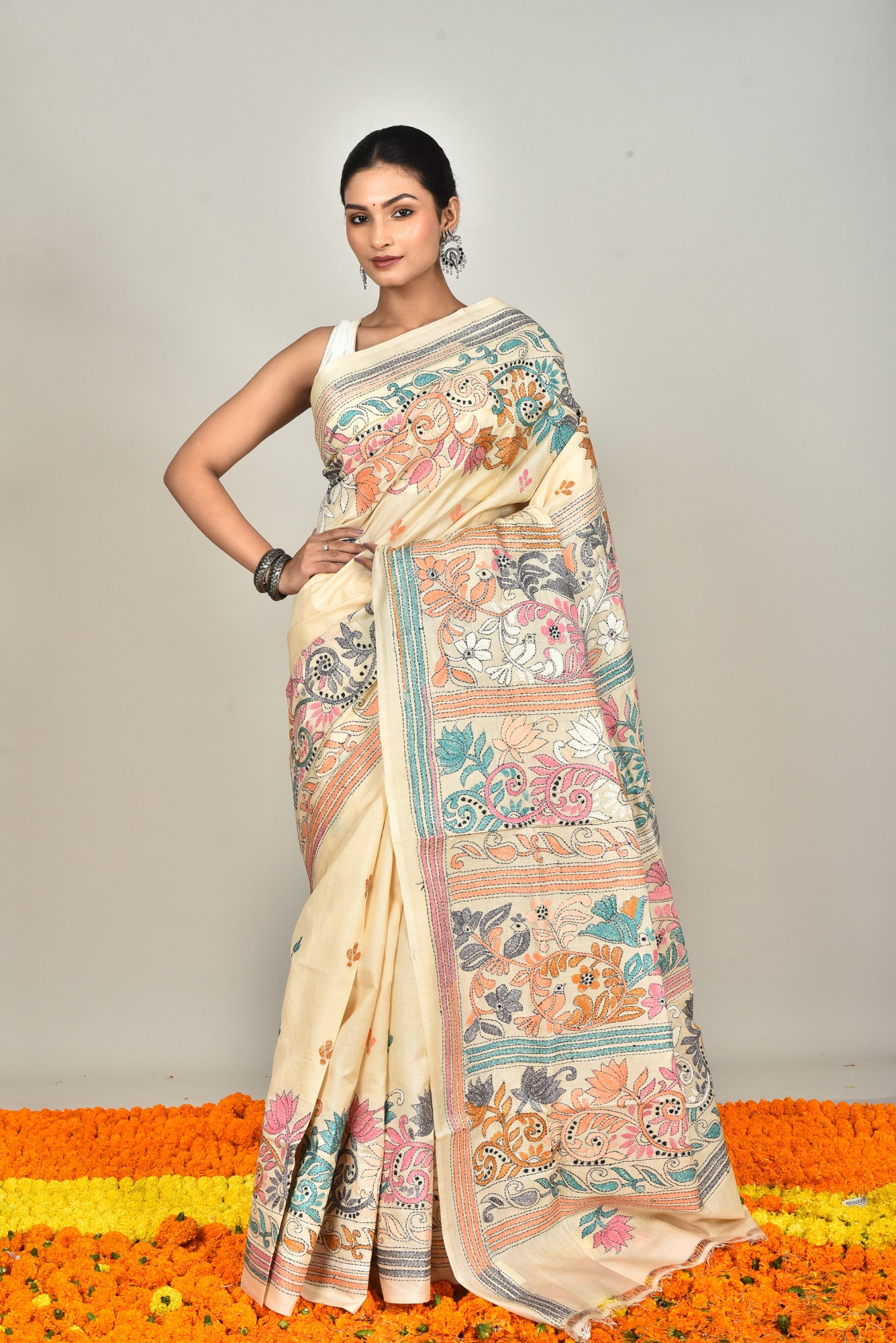 Tussar Silk Kantha Stitch Saree