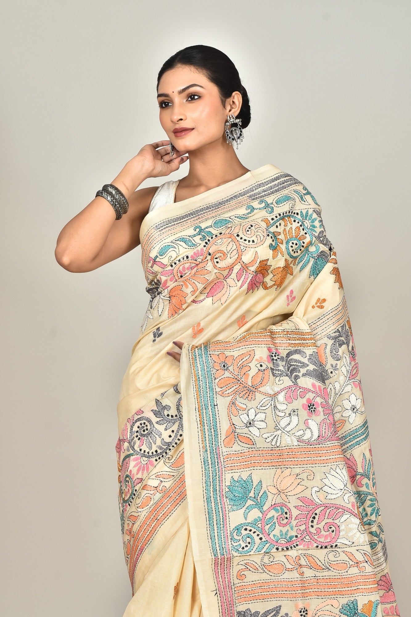 Tussar Silk Kantha Stitch Saree Thumbnail