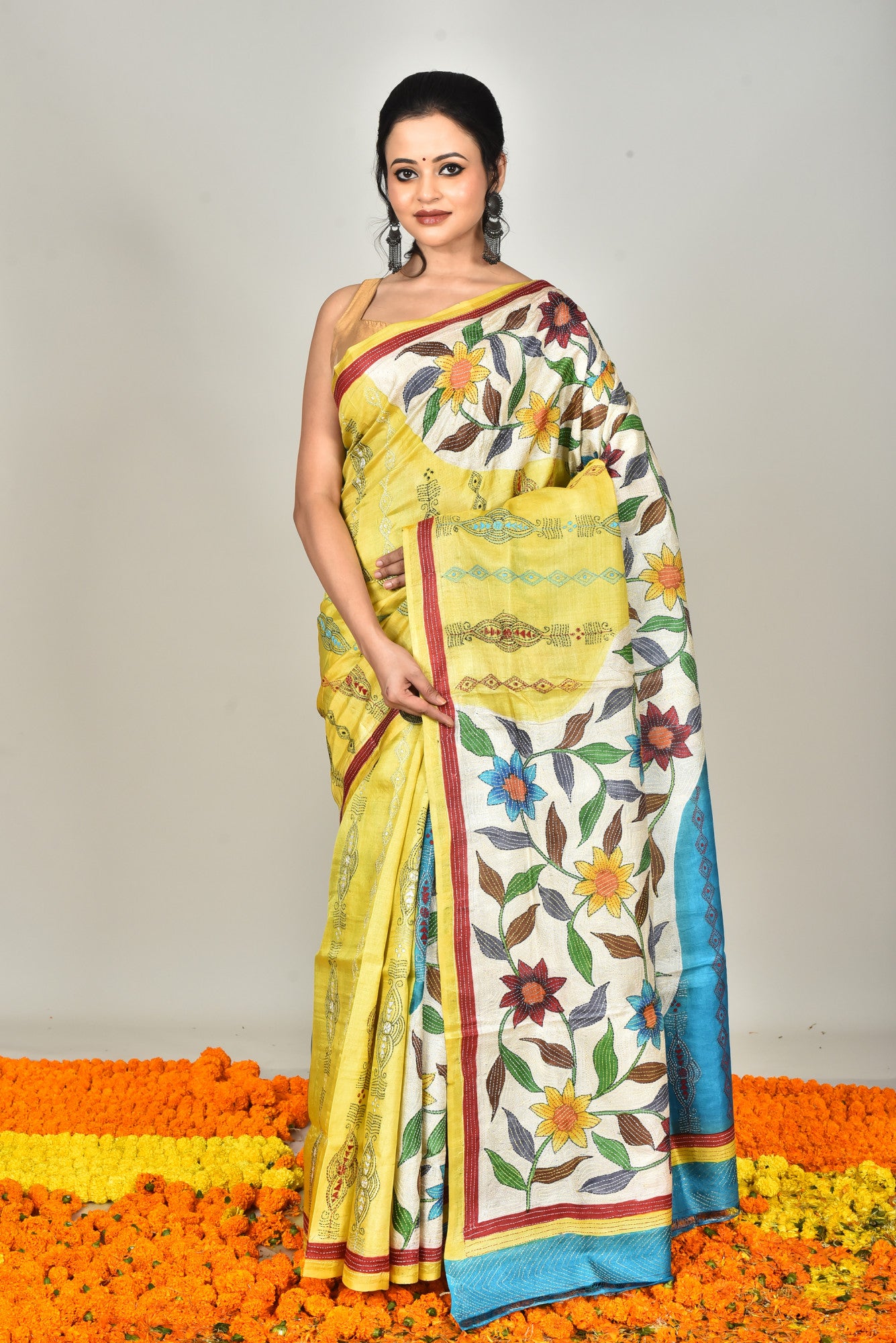 Tussar Silk Kantha Stitch Saree Multicolor