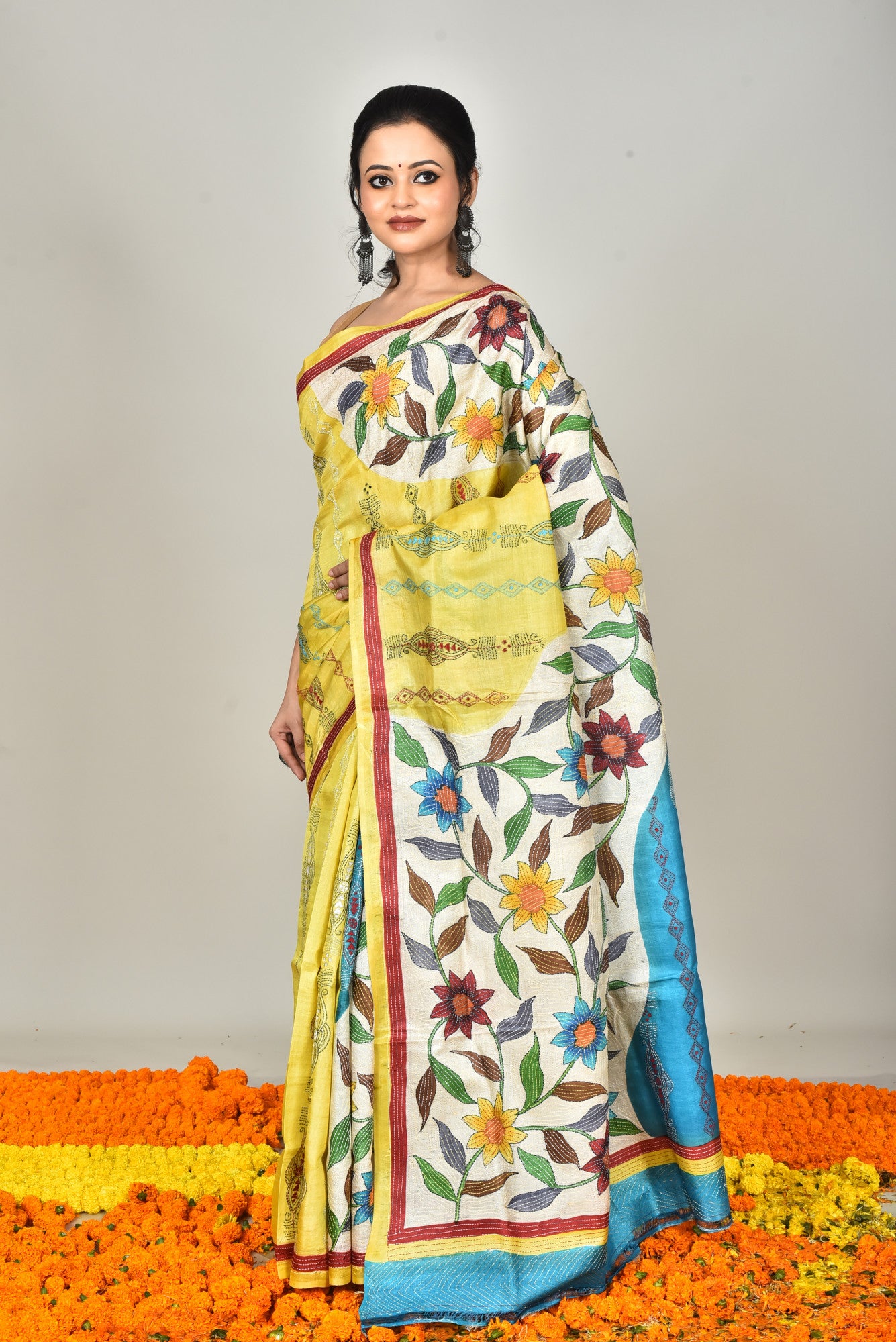 Tussar Silk Kantha Stitch Saree Multicolor Thumbnail