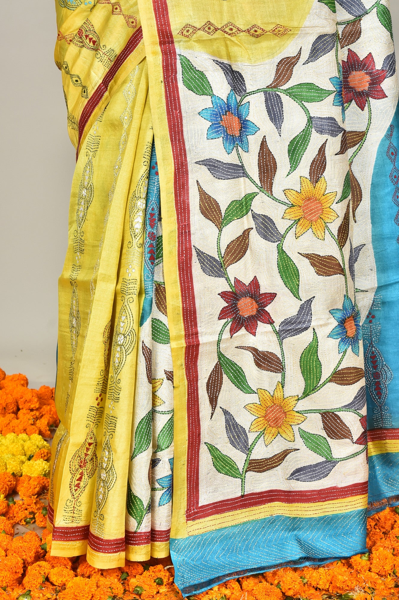 Tussar Silk Kantha Stitch Saree