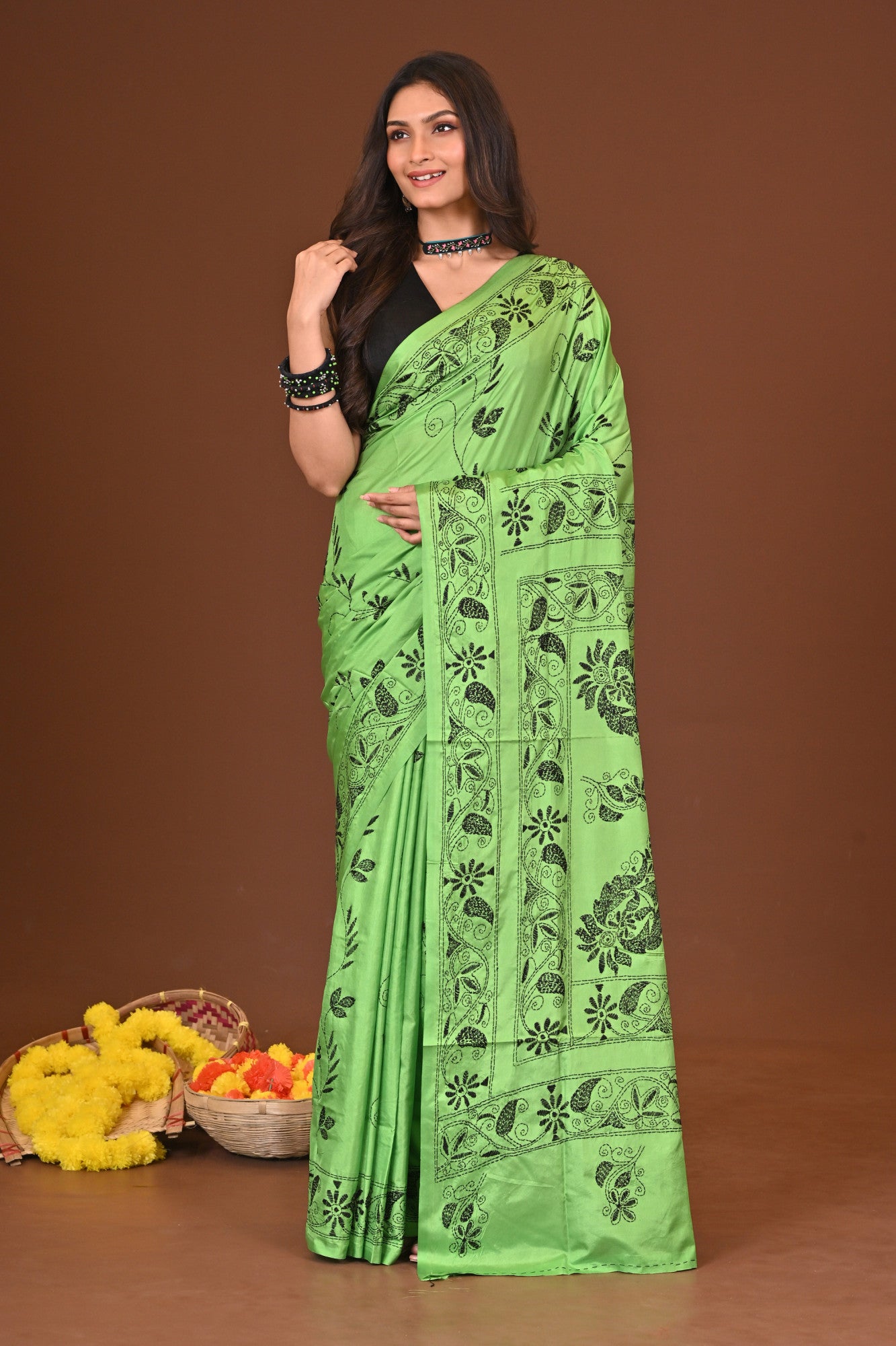 Vanika Blended Silk Kantha Stitch Saree Green